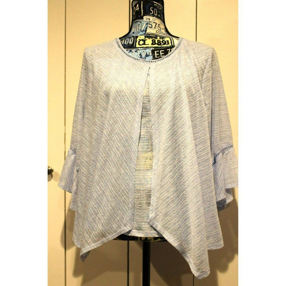 John Paul Richard Light Blue Bell Sleeves Split Front and Back Women's Blouse To